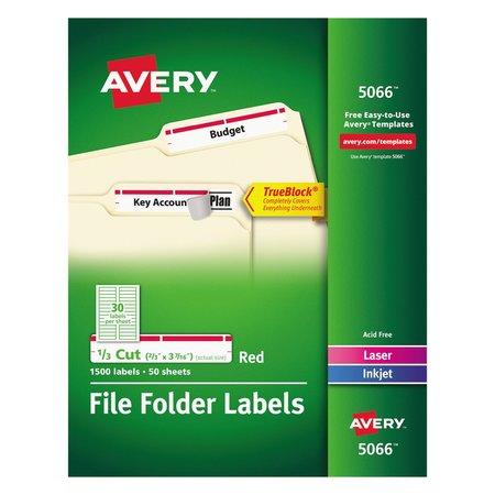 AVERY DENNISON Laser Labels, File Folder, 15C, Red, PK50 5066